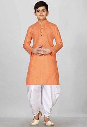 Solid Color Cotton Kurta Set in Peach