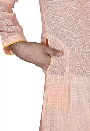Solid Color Cotton Kurta Set in Peach