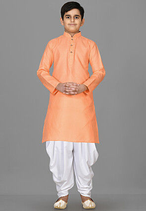 Solid Color Cotton Kurta Set in Peach