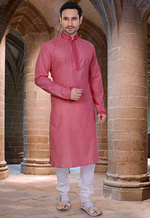 Solid Color Cotton Kurta Set in Pink