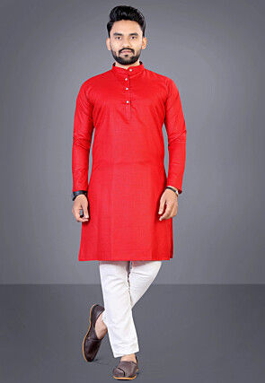 Solid Color Cotton Kurta Set in Red