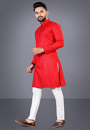 Solid Color Cotton Kurta Set in Red
