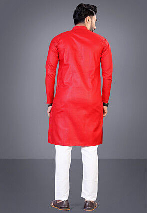 Solid Color Cotton Kurta Set in Red