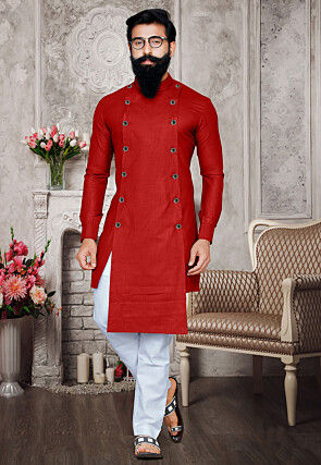 Solid Color Cotton Kurta Set in Red