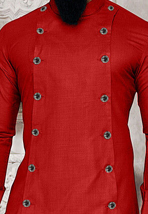 Solid Color Cotton Kurta Set in Red