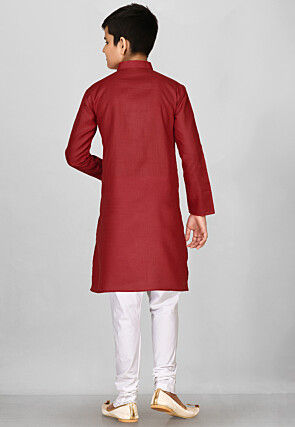 Solid Color Cotton Kurta Set in Red