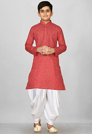 Solid Color Cotton Kurta Set in Red
