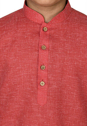 Solid Color Cotton Kurta Set in Red