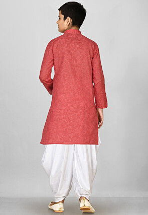 Solid Color Cotton Kurta Set in Red