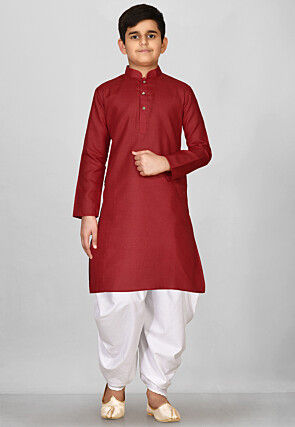 Solid Color Cotton Kurta Set in Red