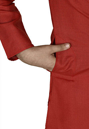 Solid Color Cotton Kurta Set in Red