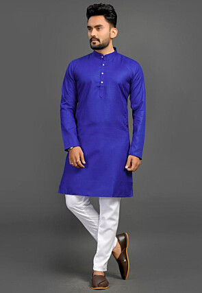 Solid Color Cotton Kurta Set in Royal Blue