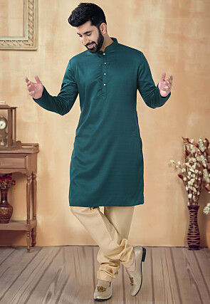 Solid Color Cotton Kurta Set in Teal Green