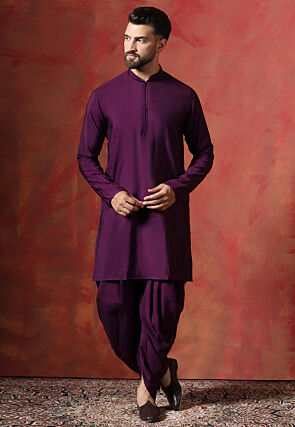 Solid Color Cotton Kurta Set in Violet