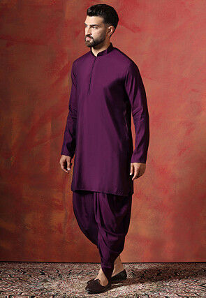 Solid Color Cotton Kurta Set in Violet