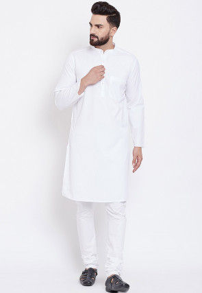 Solid Color Cotton Kurta Set in White