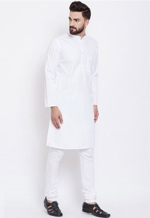 Solid Color Cotton Kurta Set in White