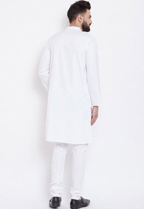 Solid Color Cotton Kurta Set in White