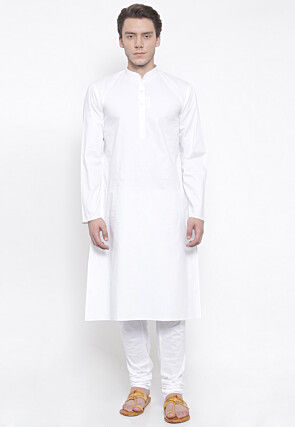 Solid Color Cotton Kurta Set in White