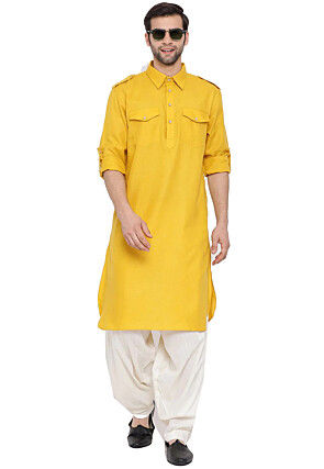 Solid Color Cotton Kurta Set in Yellow