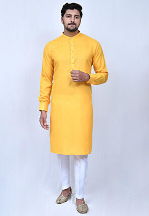 Solid Color Cotton Kurta Set in Yellow