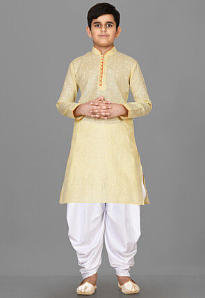 Solid Color Cotton Kurta Set in Yellow