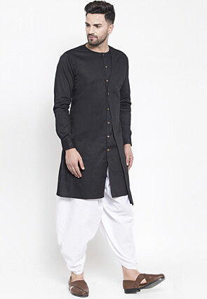 Solid Color Cotton Layered Dhoti Kurta in Black