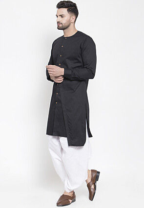 Solid Color Cotton Layered Dhoti Kurta in Black