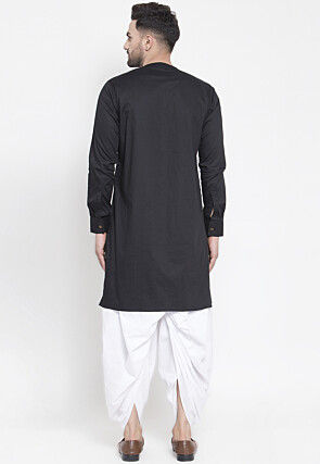 Solid Color Cotton Layered Dhoti Kurta in Black
