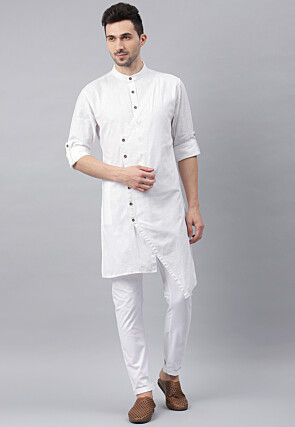 Solid Color Cotton Layered Kurta Set in White