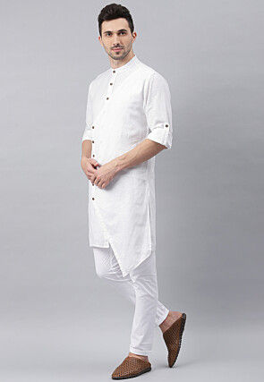 Solid Color Cotton Layered Kurta Set in White