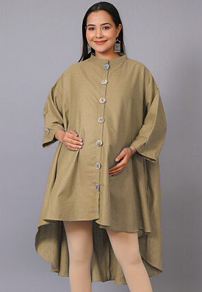 Maternity Cotton Linen Asymmetric Shirt Style Tunics in Dark Beige