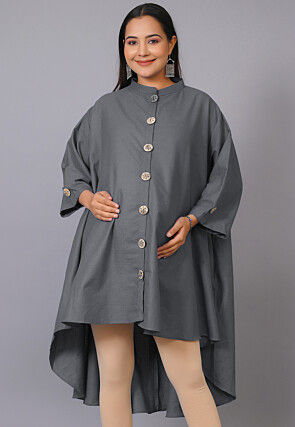 Maternity  Cotton Linen Asymmetric Shirt Style Tunics in Dark Grey