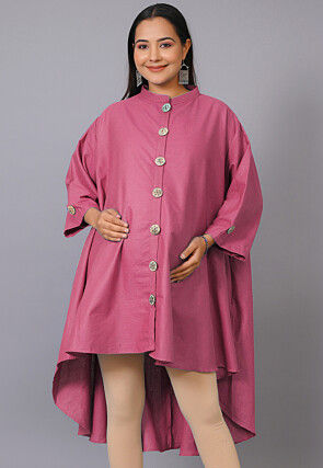 Maternity Cotton Linen Asymmetric Shirt Style Tunics in Dark Pink