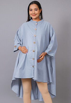 Maternity  Cotton Linen Asymmetric Shirt Style Tunics in Pastel Blue