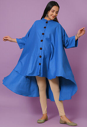 Solid Color Cotton Linen Asymmetric Tunic in Blue