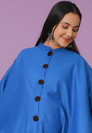 Solid Color Cotton Linen Asymmetric Tunic in Blue