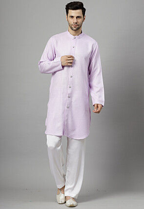 Solid Color Cotton Linen Kurta Set in Light Purple