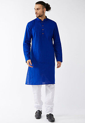 Solid Color Cotton Linen Kurta Set in Royal Blue