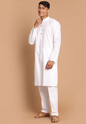 Solid Color Cotton Linen Kurta Set in White