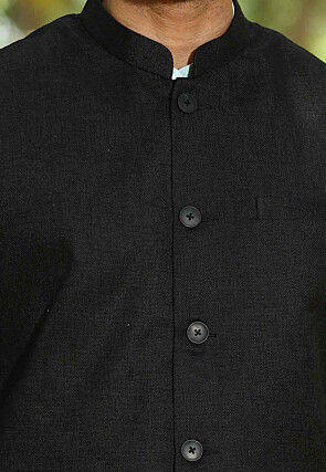 Solid Color Cotton Linen Nehru Jacket in Black