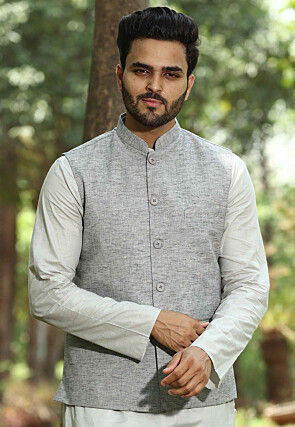 Solid Color Cotton Linen Nehru Jacket in Grey