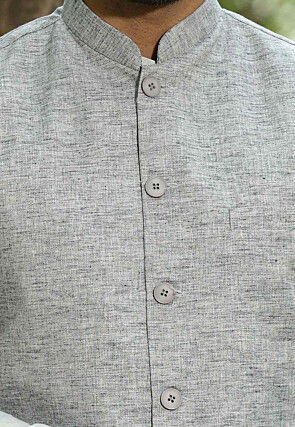 Solid Color Cotton Linen Nehru Jacket in Grey