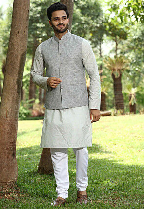 Solid Color Cotton Linen Nehru Jacket in Grey