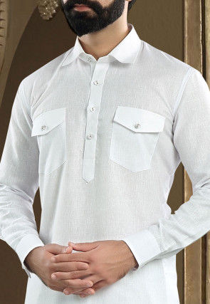 Solid Color Cotton Linen Pathani Suit in Off White