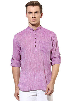 Solid Color Cotton Linen Short Kurta in Light Purple
