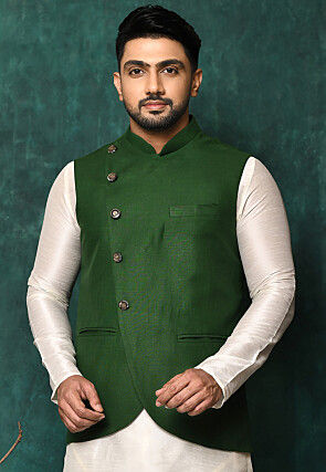 Solid Color Cotton Nehru Jacket in Green