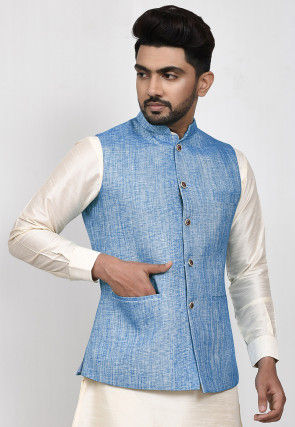 Solid Color Cotton Nehru Jacket in Light Blue