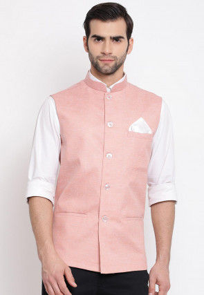 Solid Color Cotton Nehru Jacket in Light Pink