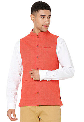 Solid Color Cotton Nehru Jacket in Orange